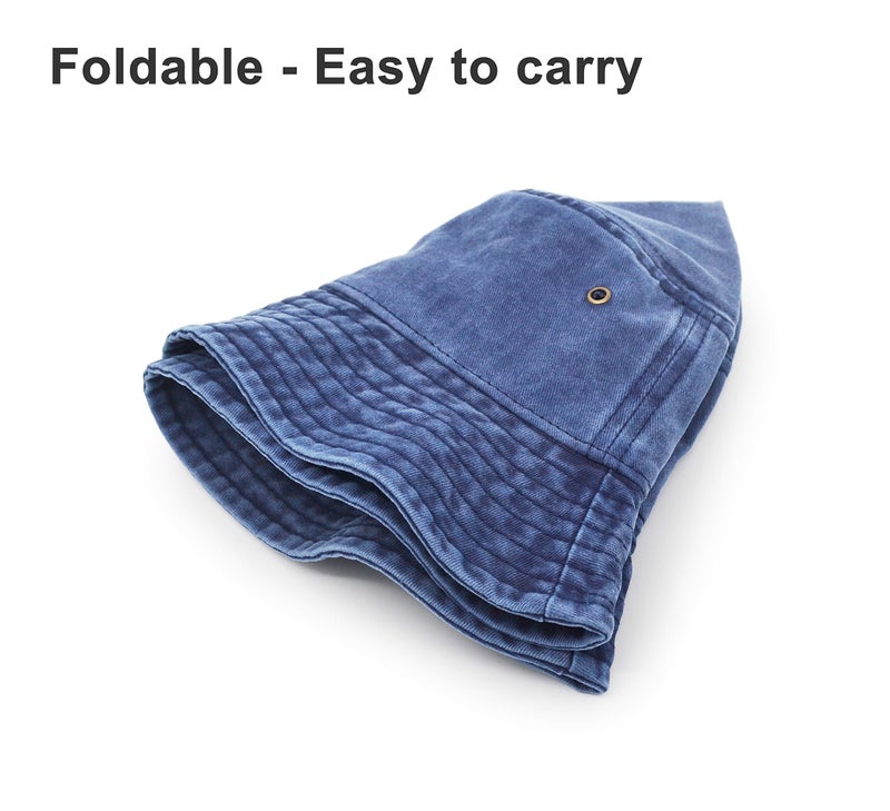 UltraKey Bucket Hat, Wide Brim Washed Denim Cotton Outdoor Sun Hat Flat Top Cap for Fishing Hiking Beach Sports Navy - Image 4